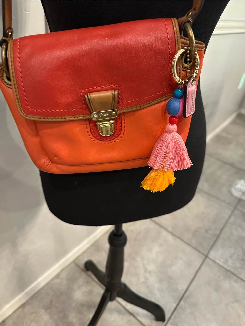 Coach Colorblock FlapTwo-Tone Red and Orange Leather Crossbody - Picture 5 of 15